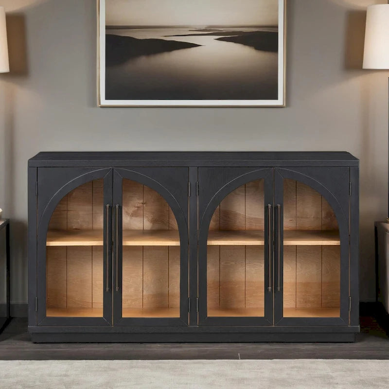 Buffet rétro 4 portes de 60 pouces avec portes en verre arqué et poignées en métal