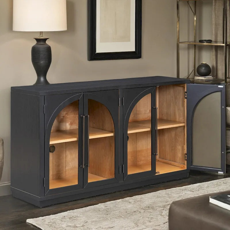 Buffet rétro 4 portes de 60 pouces avec portes en verre arqué et poignées en métal