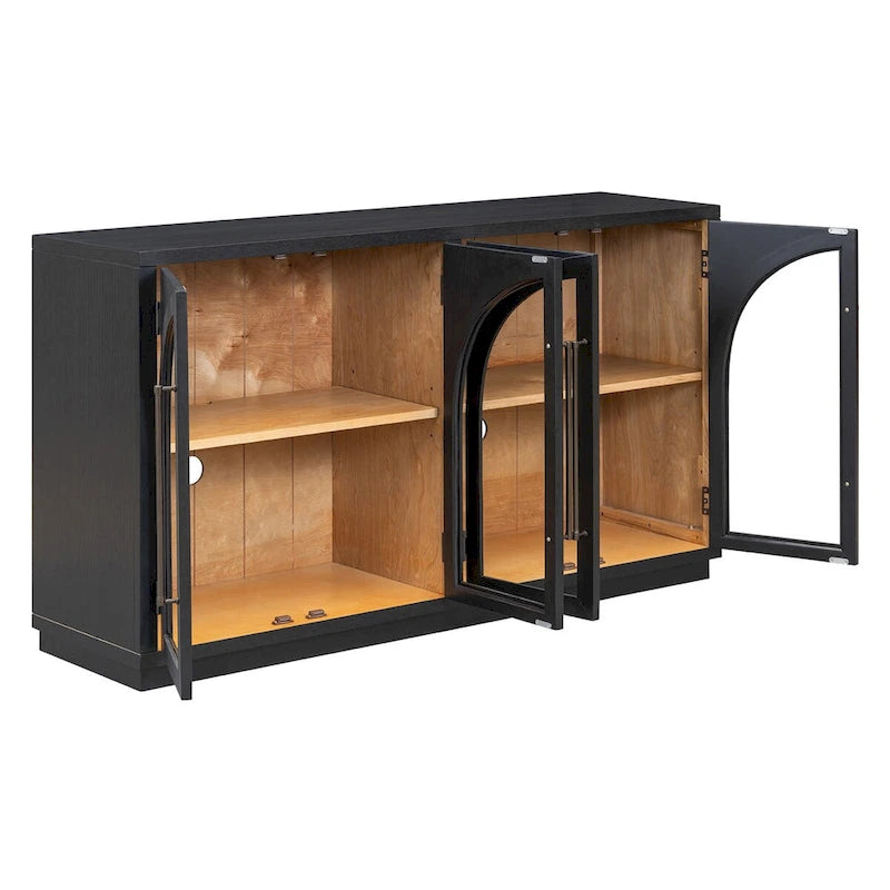 Buffet rétro 4 portes de 60 pouces avec portes en verre arqué et poignées en métal