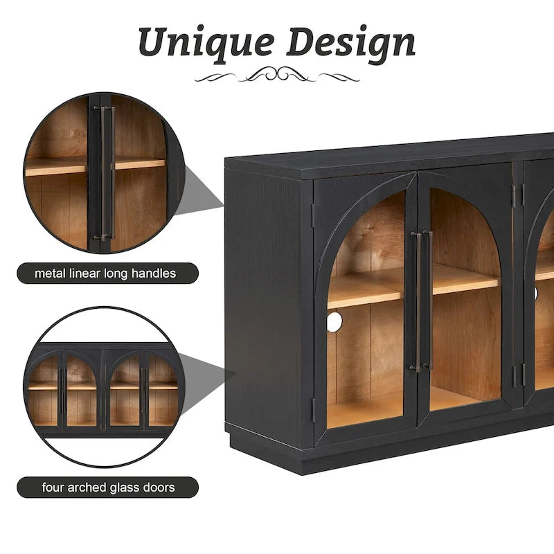 Buffet rétro 4 portes de 60 pouces avec portes en verre arqué et poignées en métal