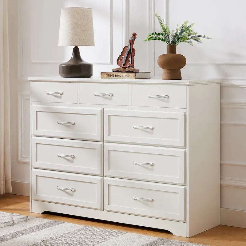 Commode longue à 9 tiroirs avec poignées antiques – Style ferme, commode en bois